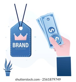 Brand awareness campaign, giant tag with crown. Business branding and marketing advertising promotion concept. Businessman or customer hand give money for buying premium or best quality product.