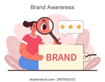 Brand Awareness concept. A curious marketer scrutinizes brand reputation through a magnifying glass, with focus on customer feedback and brand visibility. Flat vector illustration