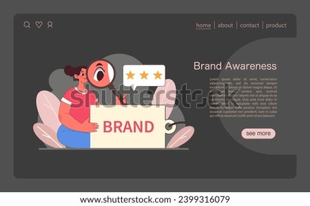 Brand Awareness concept. A curious marketer scrutinizes brand reputation through a magnifying glass, with focus on customer feedback and brand visibility. Flat vector illustration
