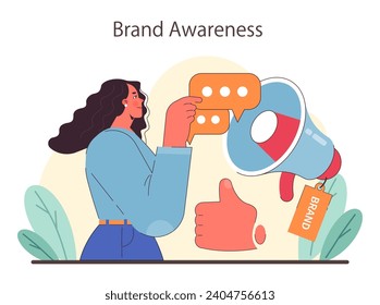 Brand Awareness concept. A woman confidently amplifies her message, epitomizing the spread of brand recognition with a megaphone and positive gesture. Flat vector illustration