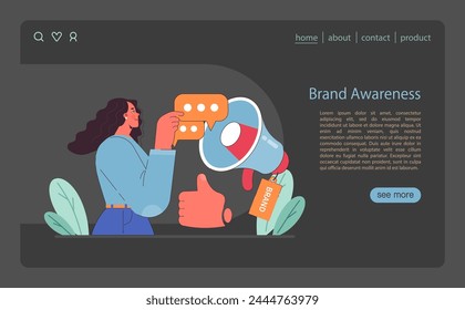 Brand Awareness concept. A woman confidently amplifies her message, epitomizing the spread of brand recognition with a megaphone and positive gesture. Flat vector illustration