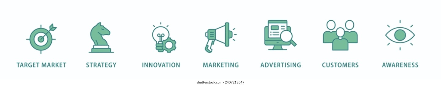 Brand banner web icon vector illustration concept with icon of target market, strategy, innovation, marketing, advertising, customers, and awareness