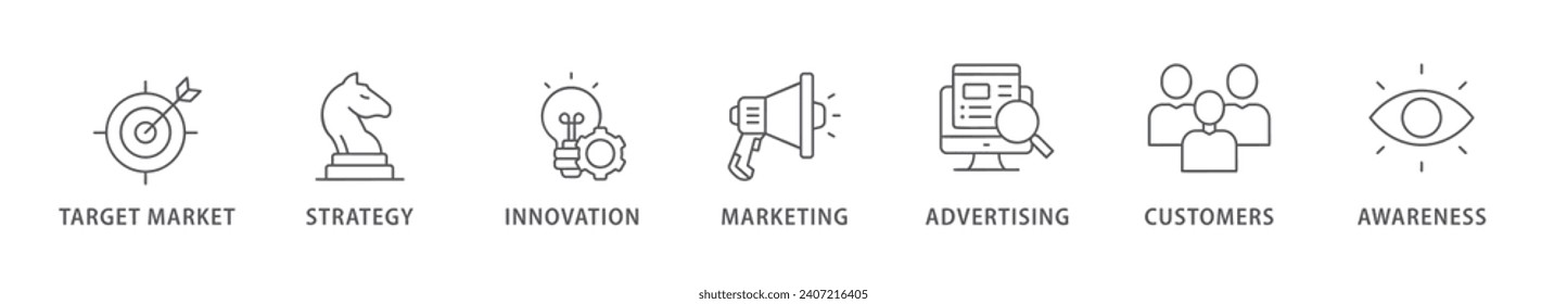 Pancarta de marca icono web concepto de ilustración vectorial con icono de mercado objetivo, estrategia, innovación, marketing, publicidad, clientes y sensibilización