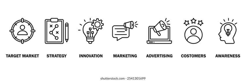 Marca banner web ícone vetor ilustração conceito com ícone do mercado alvo, estratégia, inovação, marketing, publicidade, clientes e conscientização