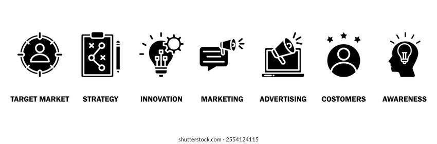 Brand banner web icon vector illustration concept with icon of target market, strategy, innovation, marketing, advertising, customers, and awareness