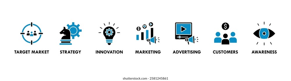 Brand banner web icon vector illustration concept with icon of target market, strategy, innovation, marketing, advertising, customers, and awareness