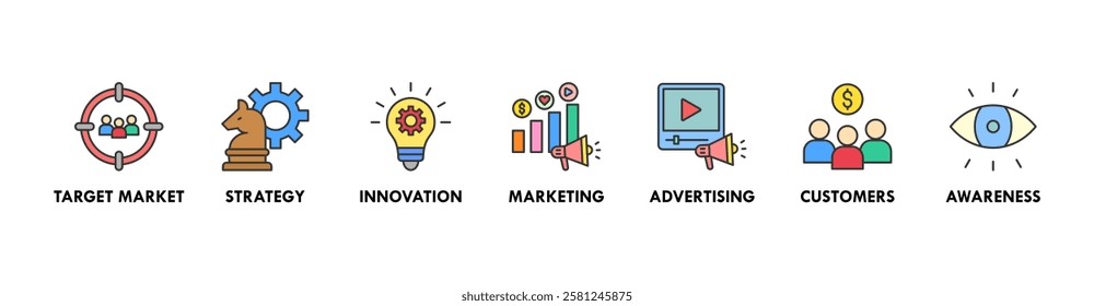 Brand banner web icon vector illustration concept with icon of target market, strategy, innovation, marketing, advertising, customers, and awareness