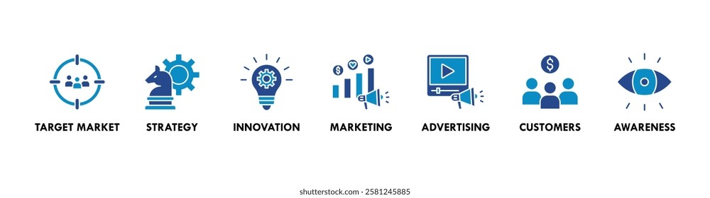 Brand banner web icon vector illustration concept with icon of target market, strategy, innovation, marketing, advertising, customers, and awareness