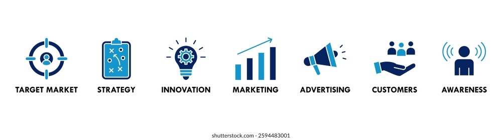 Brand banner web icon vector illustration concept with icon of target market, strategy, innovation, marketing, advertising, customers, and awareness