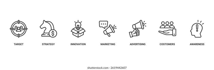 Concepto de Ilustración vectorial de icono de Web de Anuncio de marca con icono de mercado objetivo, estrategia, innovación, marketing, publicidad, Clientes y conciencia