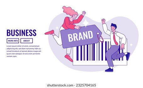 Brand branding building development illustration. Two cartoon business professionals carry huge building block to form word BRAND. Corporate identity. name creating. Designers and marketers teamwork.