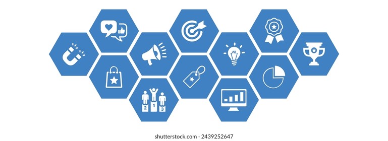 Ilustración vectorial de marca y marca. Concepto abstracto con iconos conectados relacionados con el reconocimiento de marca, la fidelidad del cliente o la identidad de marca.