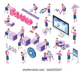 Brand building blocks symbols isometric recolor icons set with target teamwork collaboration website logo design vector illustration 