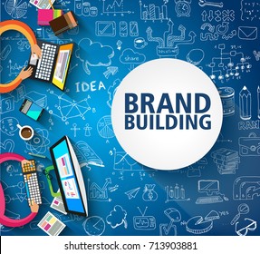Brand Building concept with Business Doodle design style: company image study, skill testing,best solutions. Modern style illustration for web banners, brochure and flyers.