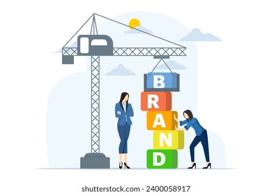Brand Building Concept. Businessman Creating Corporate Identity, Brand Communication. Marketing Promotion Campaigns. Reputation management, brand building construction machine, Vector Illustration.