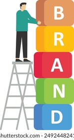 Brand Building Concept. Businessmen Creating Corporate Identity, Business People Working Together and Building a Cube Tower. Brand Communication. Marketing Promotion Campaign. reputation management.