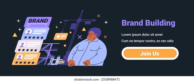 Brand building concept with construction elements and user reviews. Features a person observing a crane and scaffold structure with rating cards in the background. Dark mode website banner