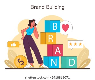 Brand Building concept. An insightful scene illustrating the strategic assembly of brand identity and reputation, with customer love and value at its core. Flat vector illustration