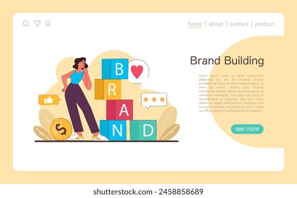 Brand Building concept. An insightful scene illustrating the strategic assembly of brand identity and reputation, with customer love and value at its core. Flat vector illustration