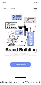 Brand building concept with person using laptop and reviews in minimalist sketch style. Features crane and brand elements. Mobile application screen