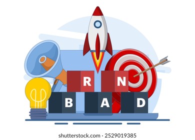 brand building concept, building the word BRAND using blocks. brand awareness, strategies to promote products and sales, marketing and advertising to improve the company's reputation.