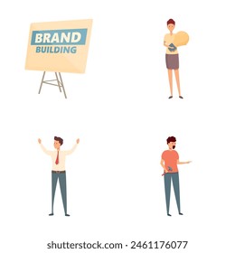 Brand building icons set cartoon vector. Business people building brand words. Reputation management