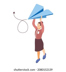 Brand building isometric composition with female character of brand manager holding paper plane vector illustration