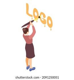 Brand building isometric composition with female character of brand manager drawing logotype vector illustration
