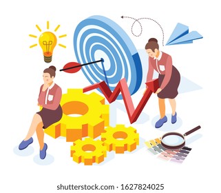 Brand building isometric composition with magnifier light bulb search creative ideas target collaboration teamwork symbols vector illustration  