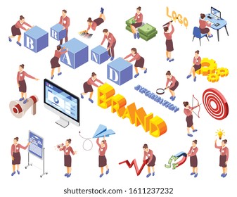 Brand building isometric icon set abstract situation with stuff and word brand searching information and create new things vector illustration