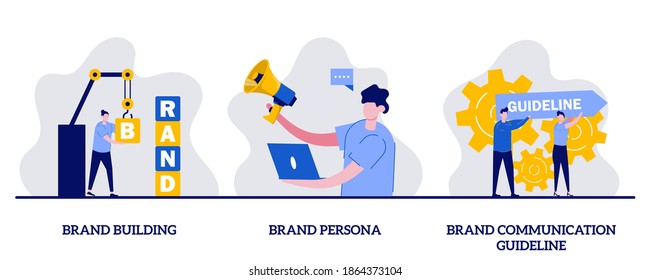 Brand building, brand persona, brand communication guideline concept with tiny character. Reputation management abstract illustration set. Corporate identity, company personality development metaphor.