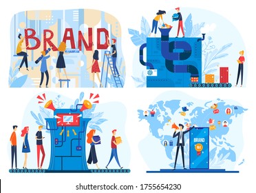 Brand building process vector illustration. Cartoon flat developer people team creating corporate product, branding business workflow, marketing development and promotion concept isolated on white