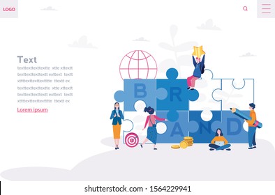 Brand building, Successful idea for your brand,  corporate identity, brand communication, Vector illustration for web banner, infographics, mobile. People work together, Puzzle