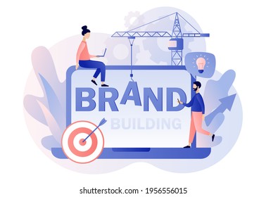 Brand building. Tiny people working on branding. Corporate identity. Company development. Self-positioning, individual brand strategy.Modern flat cartoon style. Vector illustration on white background