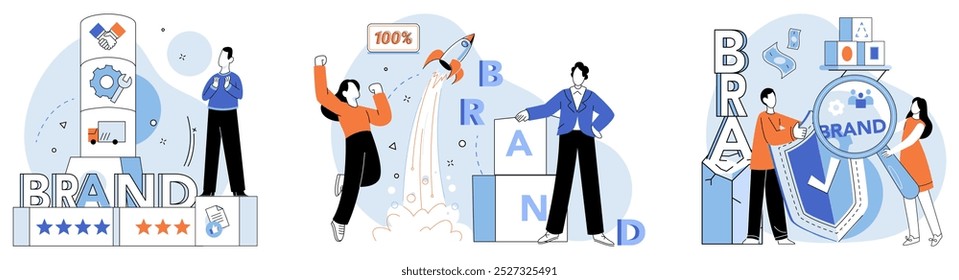 Brand building vector illustration. Brand-name, label, signifies quality and reputation inherent in brand building Branding marketing, catalyst, propels brand building forward through strategic