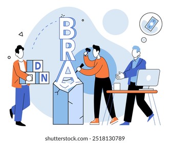 Brand building vector illustration. Build, craftsman, meticulously assembles elements to create brand with enduring appeal Business, landscape, provides fertile ground for building robust