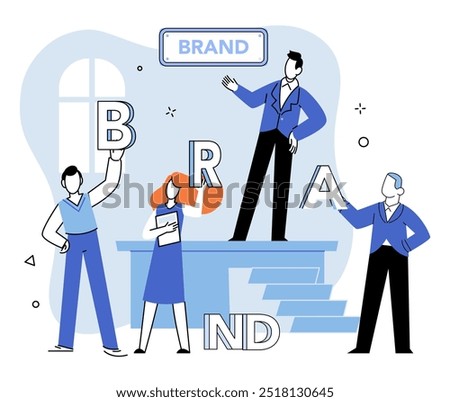Brand building vector illustration. Creation, masterpiece, unfolds as brand building transforms ideas into tangible realities Promo, announcement, echoes progress and achievements ongoing brand