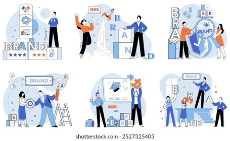 Brand building vector illustration. Brand identity, mosaic, creates visual and emotional tapestry in process building Brand, conductor, orchestrates symphony elements during brand-building