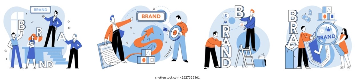 Brand building vector illustration. Logotype, insignia, becomes recognizable emblem in evolving structure brand Trademark, fortress, defends uniqueness and integrity brand under construction