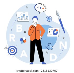 Ilustração vetorial de construção de marca. Metáfora de construção de marca, sinfonia, harmoniza vários elementos para criar cativante marca melodia Promoção, holofote, ilumina a construção em curso marca