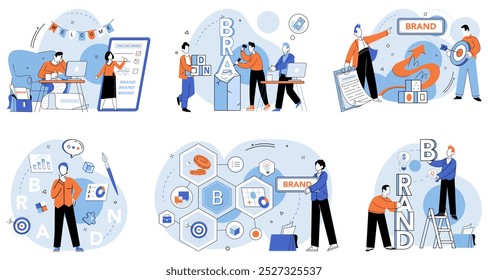 Brand building vector illustration. Brand strategy, roadmap, charts journey brand building through dynamic markets Brand identity, mosaic, creates visual and emotional tapestry in process