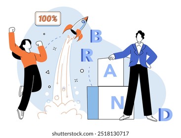 Brand building vector illustration. Trademark, guardian, protects integrity and uniqueness brand during its construction Marketing, builders tools, constructs awareness and interest in brand