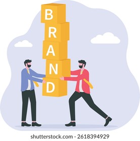 Brand building,Team people carry huge building block to form word BRAND , Corporate identity,brand persona, brand communication Marketing Promotional Campaign Reputation management

