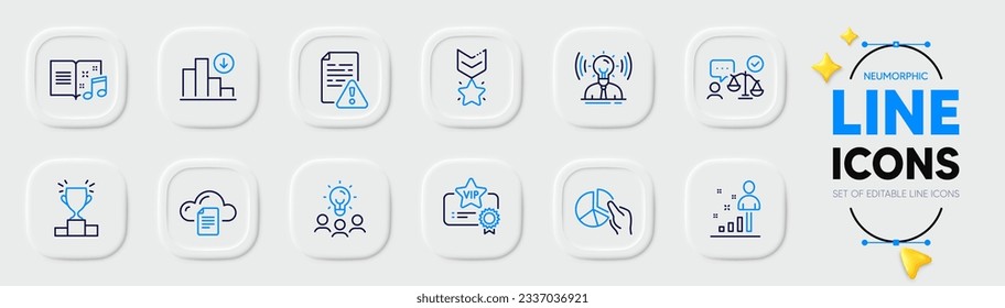 Brand, Business idea and Vip certificate line icons for web app. Pack of Instruction manual, Lawyer, Winner medal pictogram icons. Stats, Decreasing graph, File storage signs. Music book. Vector