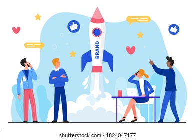 Brand business startup flat vector illustration. Cartoon businessman group characters working, launching rocket, successful branding or rebranding, starting new product or service isolated on white