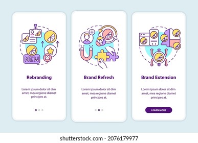 Brand Change Types Onboarding Mobile App Page Screen With Concepts. Rebranding, Brand Refresh Walkthrough 3 Steps Graphic Instructions. UI, UX, GUI Vector Template With Linear Color Illustrations