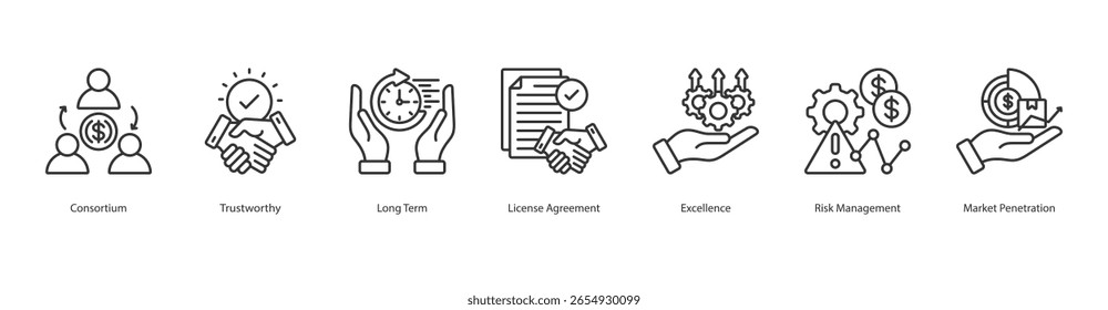 Marca Colaboração ícone conjunto vetor consórcio, confiável, longo prazo, contrato de licença, excelência, gestão de risco, penetração no mercado