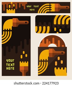Brand collection with paint drips and brushes. Identity firm design, trendy flat pattern. Collection of business card, banners, DVD cover. Design for flyer, card, invitation. Vector file is EPS8.