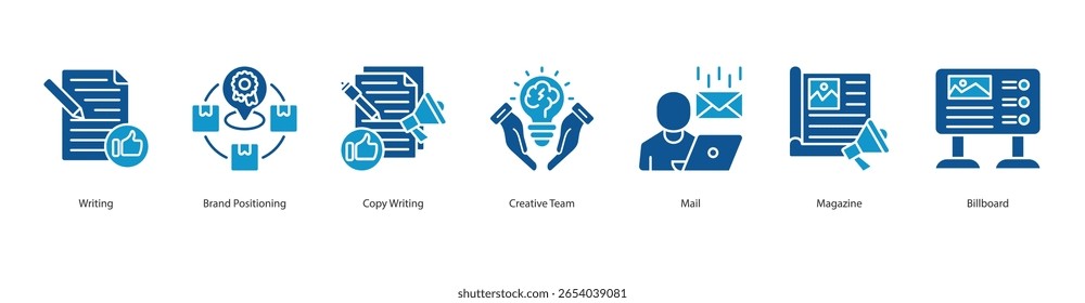 brand communication banner web icon set vector illustration concept with icon of writing, brand positioning, copy writing, creative team, mail, magazine, billboard