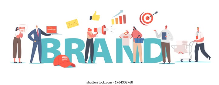 Brand Concept. Customer Character Buy Branded Clothes or Goods. Brand Awareness Campaign, Business Branding or Marketing Advertising Promotion Poster, Banner, Flyer. Cartoon People Vector Illustration